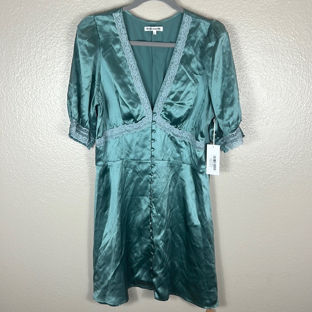 Reformation Birgitta Silk Mini Dress Verdigris - Picture 6 of 11